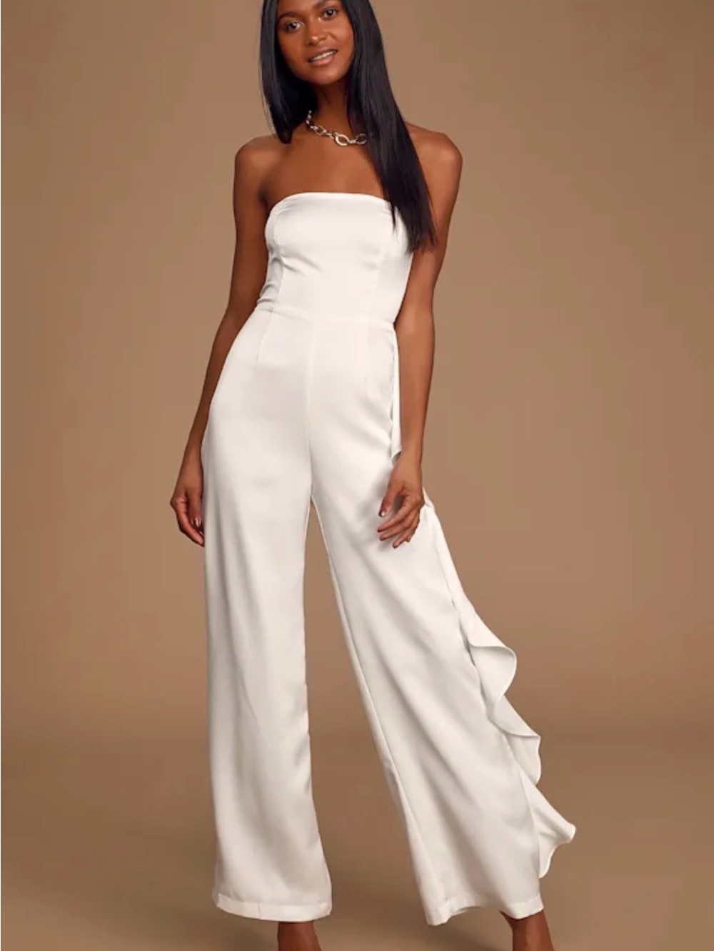 Lulus Cascading Love White Strapless Ruffled Wide-Leg. Jumpsuit